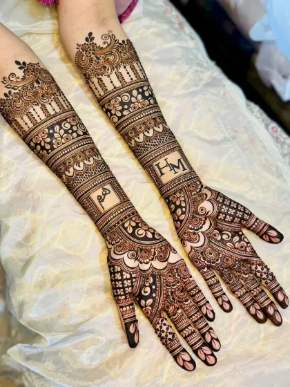 Personalize your bridal mehndi with your initials. This design combines traditional patterns with custom lettering for a unique touch.