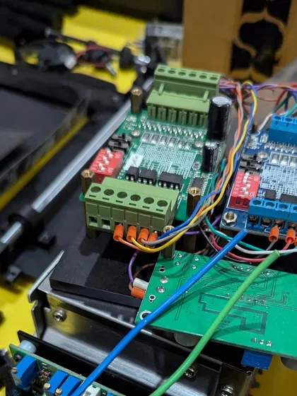 A close-up of the complex circuitry and wiring for a robotics project being built at the workshop. Our space supports makers exploring electronics, robotics, and IoT, providing the tools and environment to experiment with new technologies.