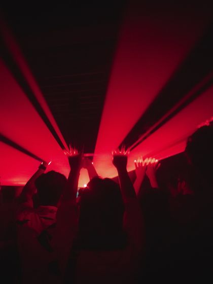 Hands up towards the light. A classic sign of a dance floor at its peak, fully connected to the music.