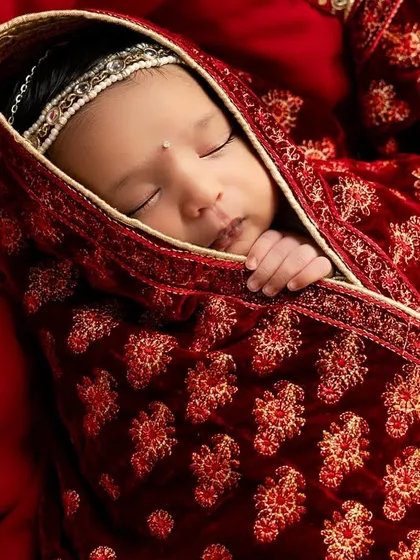 A close-up portrait of the baby Radha, showing the delicate details of her headband and the rich texture of the embroidered fabric.