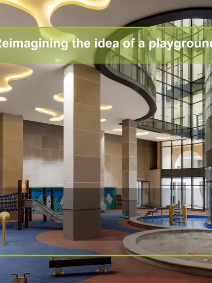 Reimagining the idea of a playground. This image of an indoor play area shows how we incorporate innovative play structures within the building itself, especially in dense urban settings.