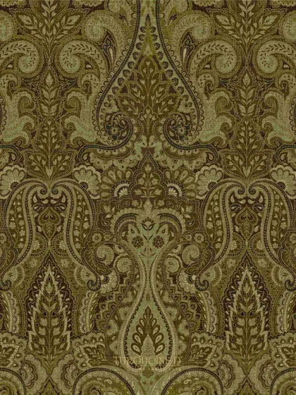 The Begum Jaal pattern shown in a muted olive green. This colorway gives the traditional Jamawar-inspired design a more contemporary and earthy feel, perfect for modern Indian homes.