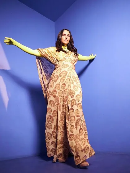I love working with bold and unconventional pieces. Here, I styled Neha Dhupia in a unique printed dress from Huemn, paired with vibrant neon yellow gloves for a high-impact, artistic statement.