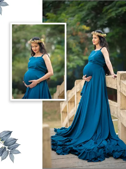 This collage features a stunning blue gown with a long train, captured from different angles to showcase its beauty and the expecting mother's confident poses.