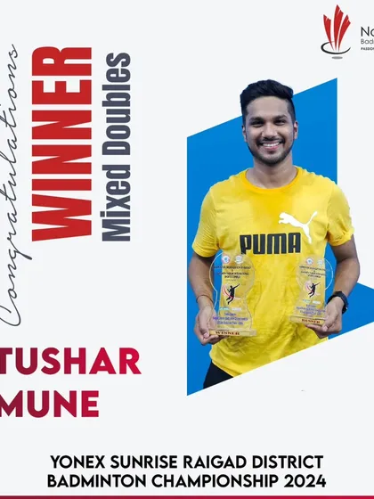 Success in the senior category. Tushar Mune proudly displays his winner's trophies for the Mixed Doubles event at the Raigad District Championship.