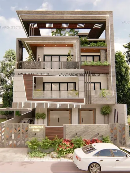 This is the 3D render for an upcoming modern villa in Noida. It showcases the clean lines, material interplay, and landscape integration that define my contemporary architectural style.