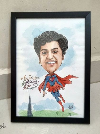 A framed superhero caricature, ready to be gifted to a 'super' employee.
