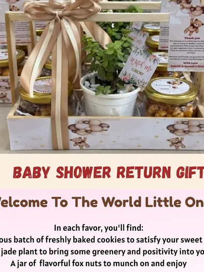 This image details the contents of my baby shower return gifts, which include freshly baked cookies, a jade plant, and flavorful fox nuts.