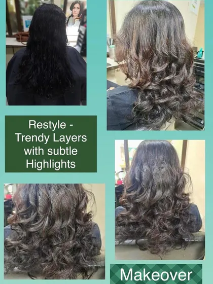 A restyle featuring trendy layers with subtle highlights. The highlights are woven through the hair to add depth and the illusion of volume, perfectly complementing the new cut.