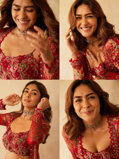 A collage showing Mrunal's vibrant personality shining through during the promotional photoshoot. These candid moments reflect the same infectious energy we infused into Rabia's on-screen wardrobe.