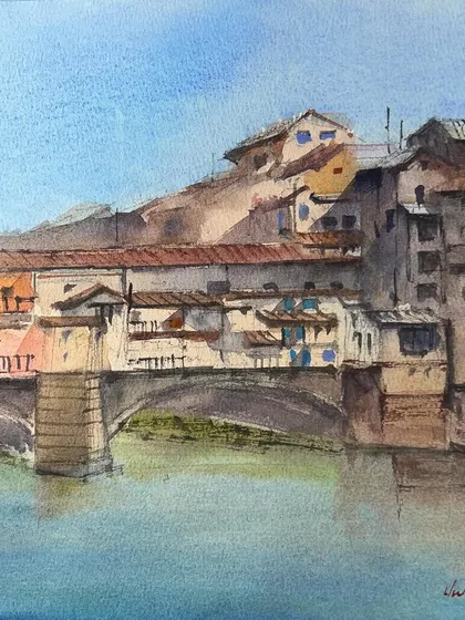 This is the Ponte Vecchio bridge over the Arno River in Florence, painted with my favorite Daniel Smith watercolors. I developed this 12x12 painting on Baohong cold press paper from a smaller sketch I had made.