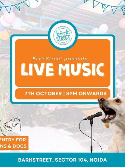 Let the music play and tails wag! A poster for our live music night with free entry for both humans and dogs.