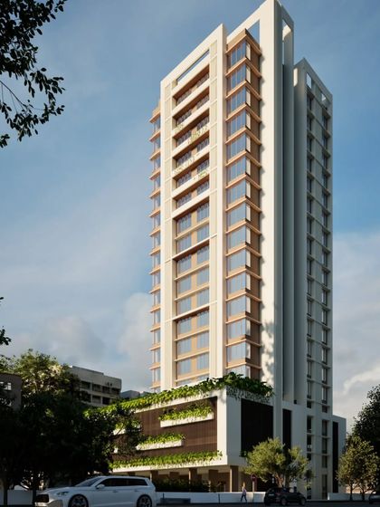 A rendering of a modern residential tower. The design features a clean facade with recessed balconies and integrated greenery at the podium level, harmonizing style and comfort.