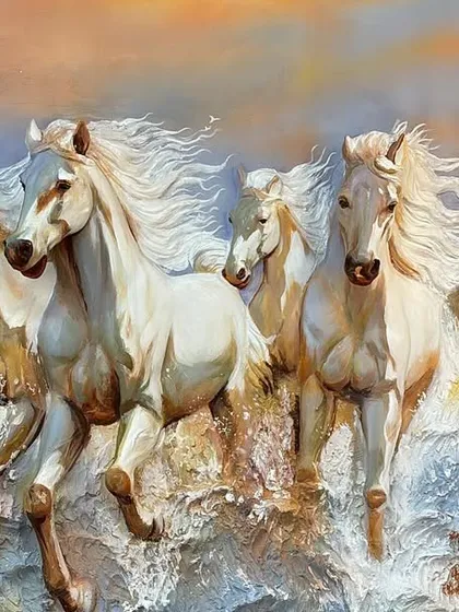 A complete view of the seven horses Vastu painting, a powerful symbol of speed and success, handcrafted as a 3D mural.