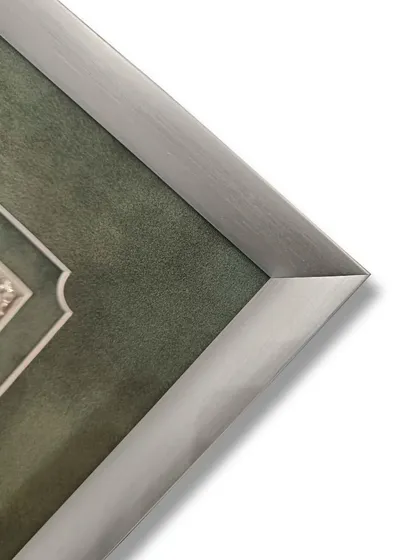 This stunning silver masterpiece is encased in our sleek Kyoto silver metal frame and preserved with the highest quality museum glass. The green suede mat adds a touch of color and luxury.