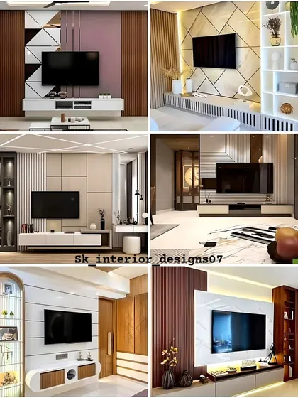 A collage showcasing the variety of TV unit designs we can create. From geometric patterns to minimalist setups, we tailor each unit to the client's style and the room's decor.