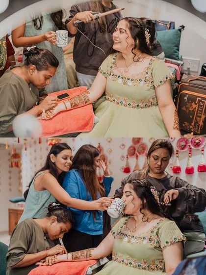 A behind-the-scenes look at the Mehendi, with the artist at work and friends helping the bride take a sip of her drink. These are the real, candid moments.