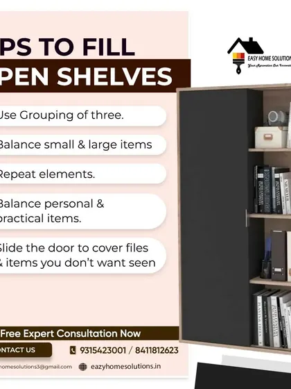 Open shelves can be stylish but tricky to organize. Here are our top tips for styling them, including using groups of three, balancing item sizes, and using sliding doors to hide clutter.