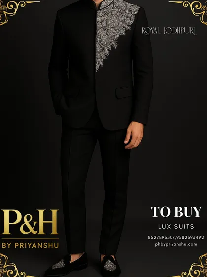 A three-quarter view of the black Jodhpuri, showcasing its slim, tailored fit and the placement of the stunning silver embroidery.