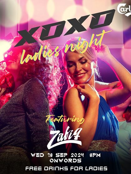 A vibrant flyer for a ladies night at Loft38, promising a night of fun, friends, and free drinks.