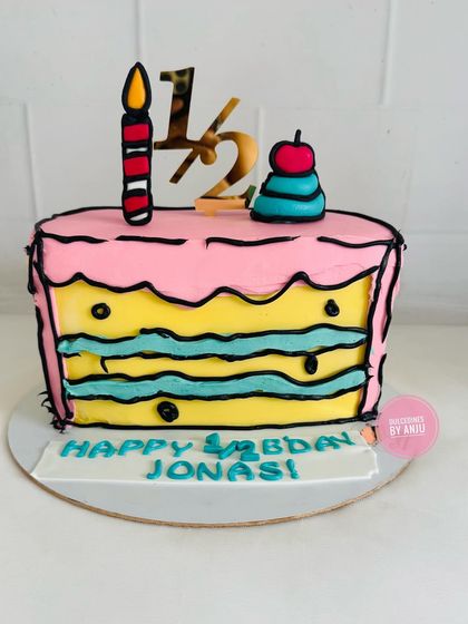 Celebrating a half birthday with this fun and quirky comic-style cake. This unique design makes the six-month milestone feel extra special.