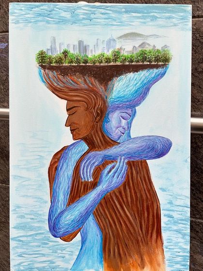 My entry for an art event with the theme 'Water wise Garden city thrives'. This painting depicts the symbiotic relationship between humanity and nature, showing how our city can only flourish when we embrace and protect our natural resources.