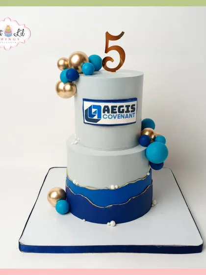 A sleek and professional cake for a 5th corporate anniversary. This two-tiered design uses the company's brand colors and logo for a polished and celebratory look.