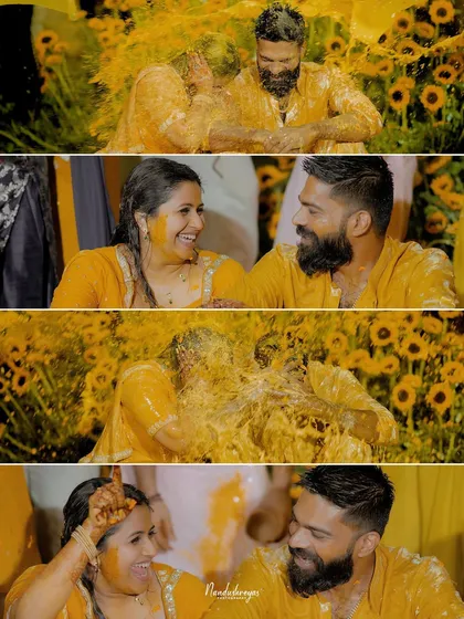 A four-part story of the Haldi celebration, from playful splashes to loving glances. This collage encapsulates the range of emotions experienced during the event.