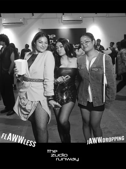 Guests enjoying the Zudio Runway event. The black and white photo format added a chic, editorial feel that perfectly matched the fashion-forward vibe of the brand activation.