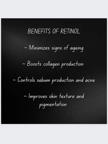 This list summarizes the proven benefits of incorporating retinol into your skincare routine. It minimizes signs of aging, boosts collagen, controls sebum, and improves overall skin texture.