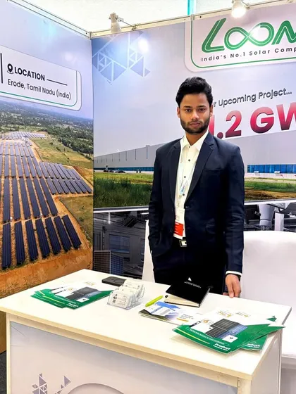 Our team member at the Solar & Storage Expo 2025 in Gujarat. Our booth highlighted our 8MW solar power plant in Erode and our upcoming 1.2 GW PV Module Factory.