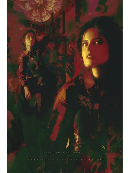 A composite image that serves as a visual summary of the final chapter. It blends the heroine's portrait with the floral and red motifs that have run through her entire story.