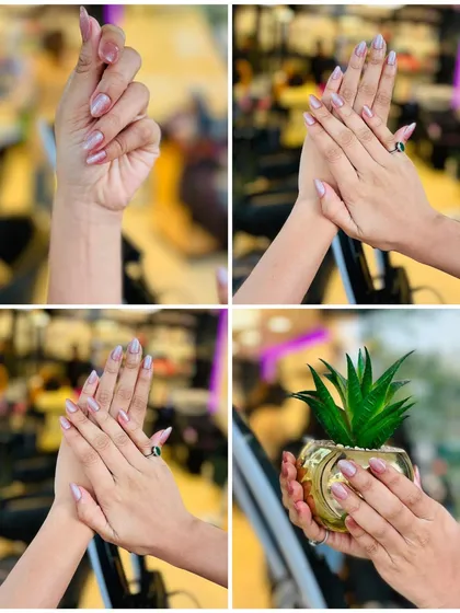 A collage showing different angles of the pearly pink manicure, highlighting its versatility and elegant finish from every view.