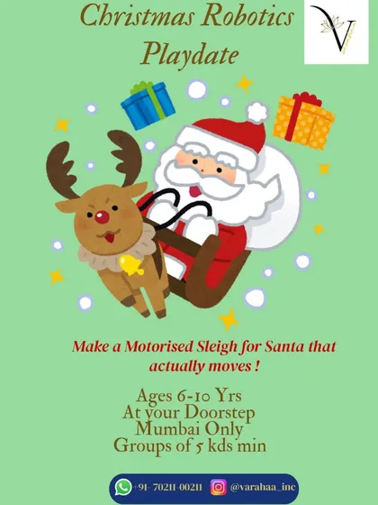 Learning can be festive too. This is an example of our Christmas Robotics Playdate, where kids build a motorized sleigh for Santa. It's a perfect blend of holiday fun and hands-on engineering for small groups.