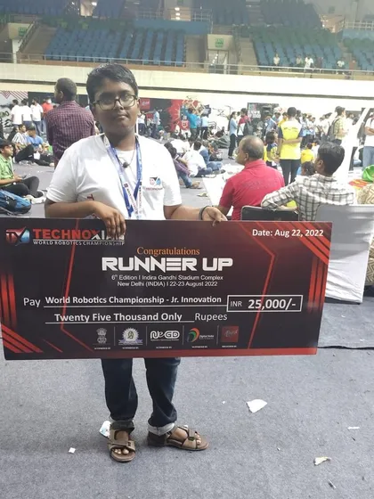 This is a proud moment for our community. Our student Tharun earned the Runner-Up prize at the World Robotics Championship for his innovative project on women's safety. This is proof that our students build projects that can make a real-world impact.