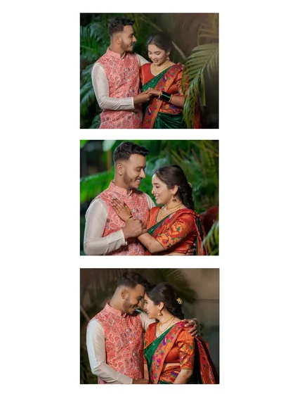 A collage of three romantic moments from the engagement shoot, showing the couple's loving interactions and the intricate details of their traditional outfits.