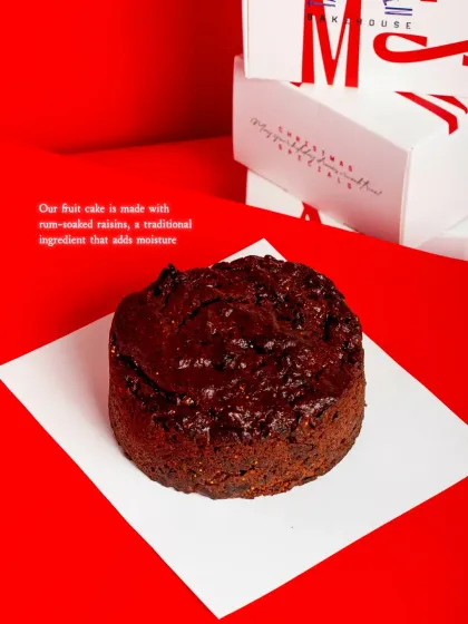 We use rum-soaked raisins in our fruit cake, a traditional ingredient that adds moisture and a deep, rich flavour.