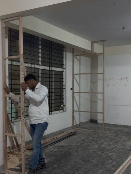 Here you can see the foundational woodwork for one of the boutique's key zones. Every partition was carefully planned and constructed on-site to ensure the spatial flow and proportions were perfect before any finishing materials were applied.