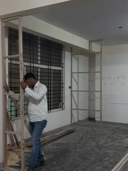 Here you can see the foundational woodwork for one of the boutique's key zones. Every partition was carefully planned and constructed on-site to ensure the spatial flow and proportions were perfect before any finishing materials were applied.