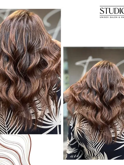 A collage showing different angles of a beautiful balayage, highlighting the seamless blend and expert styling.