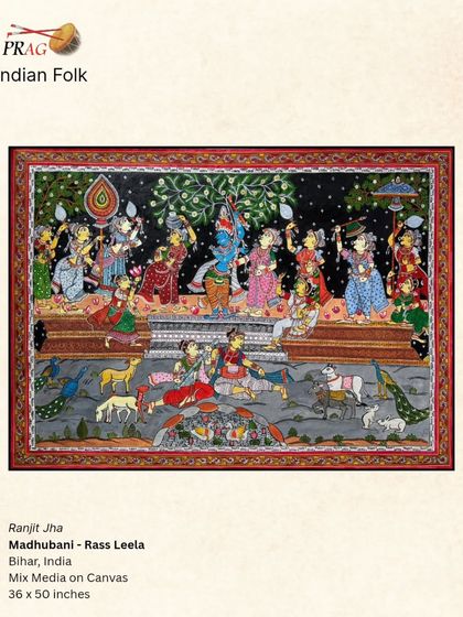 A 'Raas Leela' scene in the Madhubani folk art style, capturing the divine play with a rich, narrative quality and distinctive aesthetic.