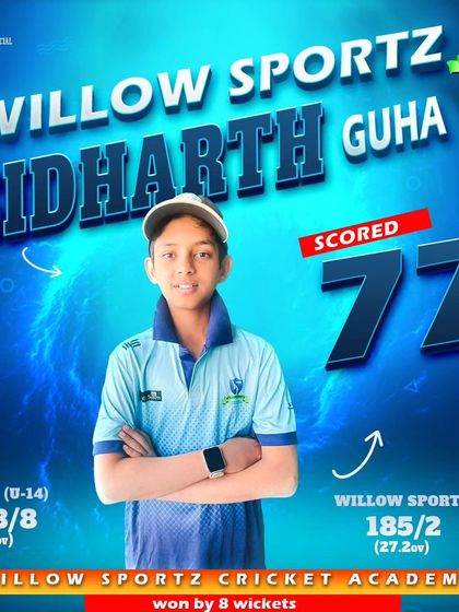 A match-winning knock of 77 from Sidharth Guha. His ability to score big under pressure is a hallmark of the training at Willow Sportz.