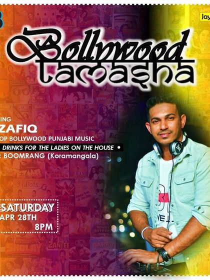 A retro, collage-style poster for "Bollywood Tamasha" at Boomrang, a fun throwback to classic Bollywood films.