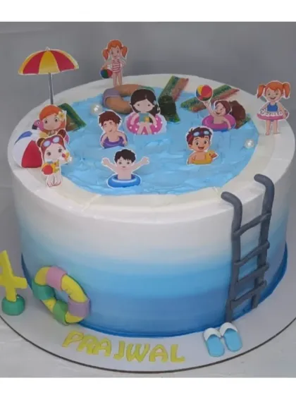 A kids' pool party cake with a choco-vanilla flavor. The top of the cake is designed to look like a swimming pool, complete with little swimmers and pool toys.