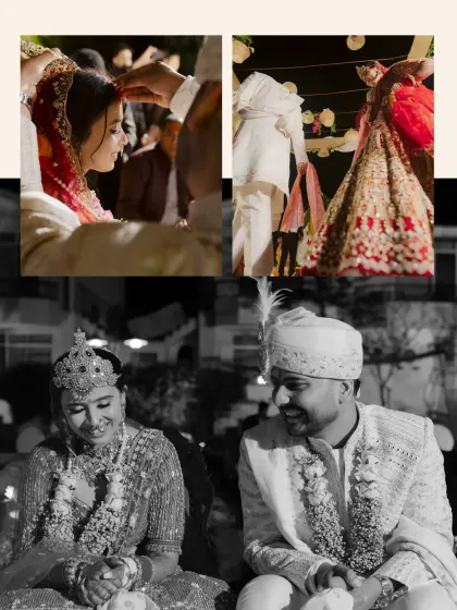 A collage of emotional moments from the wedding ceremony, including the sindoor ritual and the pheras.