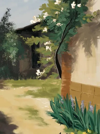 A sunny corner of a garden with white flowers. This digital painting captures the feeling of a warm, lazy afternoon, focusing on light, shadow, and foliage.