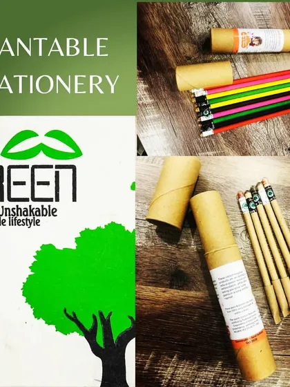 This is our plantable stationery collection, designed to be used and then grown. The collage displays our "Being Green" notebook and eco-friendly pencils that contain seeds, giving them a second life as a plant after use.