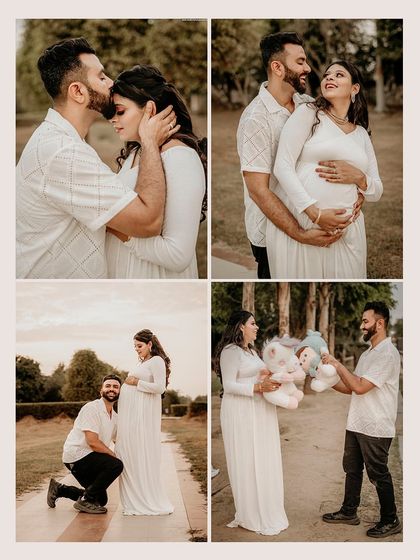 This collage shows the variety we can capture in a single outdoor session. From tender kisses to playful moments with props, we tell the full story of your excitement.