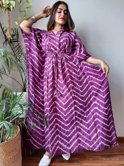 A purple kaftan with a modern chevron tie-dye pattern. All my kaftans are ready to dispatch and made from high-quality, pure cotton.