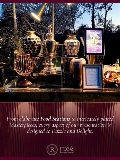 From elaborate food stations to intricately plated masterpieces, every aspect of our presentation is designed to dazzle and delight. This outdoor setup showcases our versatility and style.